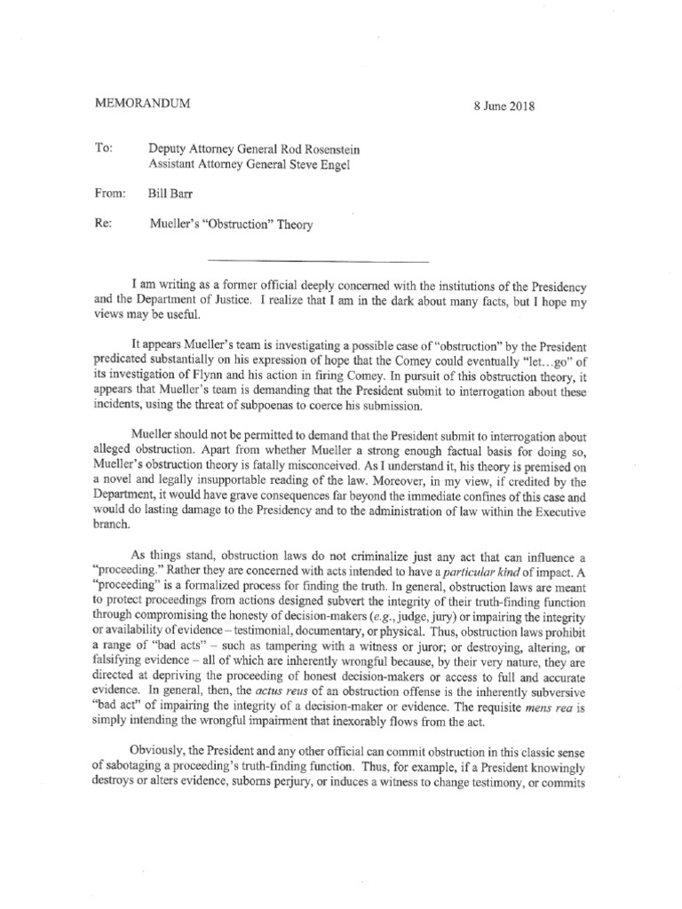 June 2018 Barr Memo To DOJ Muellers Obstruction Theory 1 | PDF