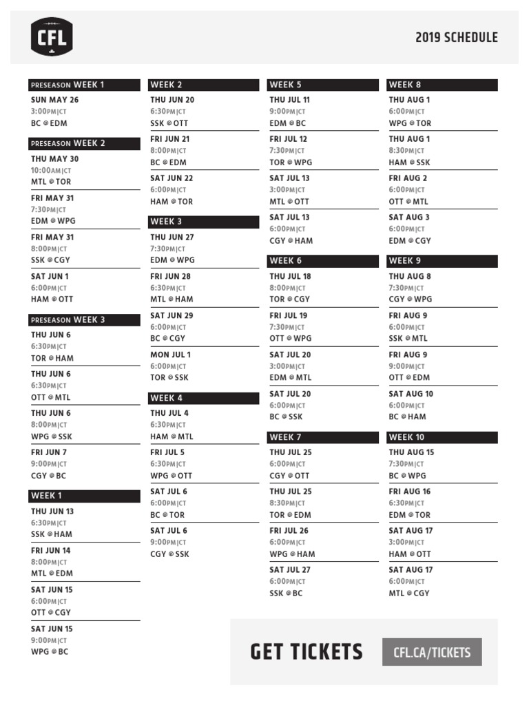 2019 CFL Schedule Central PDF Sports Leisure