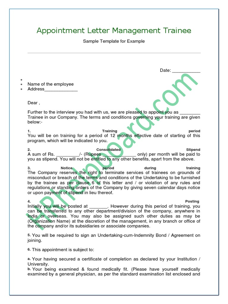 Appointment Letter Management Trainee | PDF | Contractual Term ...