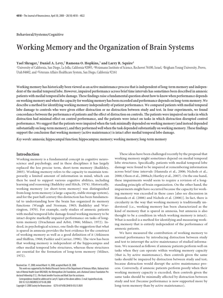 Working Memory and The Organization of Brain Systems | PDF | Working ...