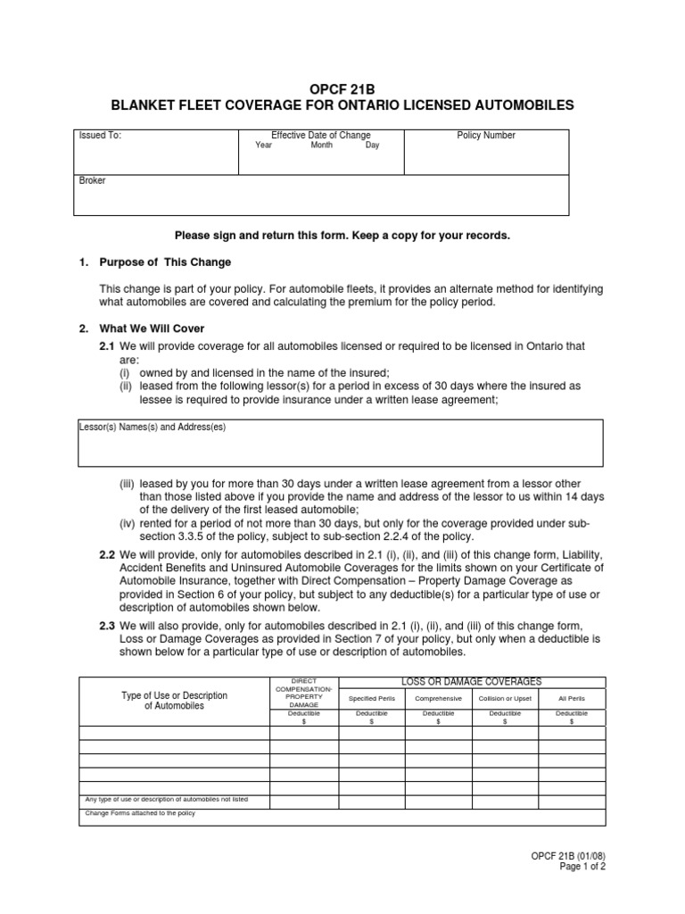 Opcf 21B Blanket Fleet Coverage For Ontario Licensed Automobiles PDF