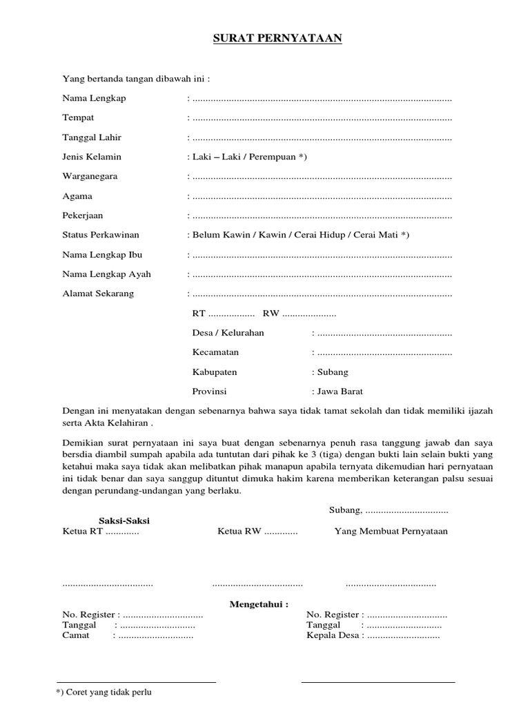 Surat Pernyataan Tidak Ijazah Dan Akte Kelahiran | PDF
