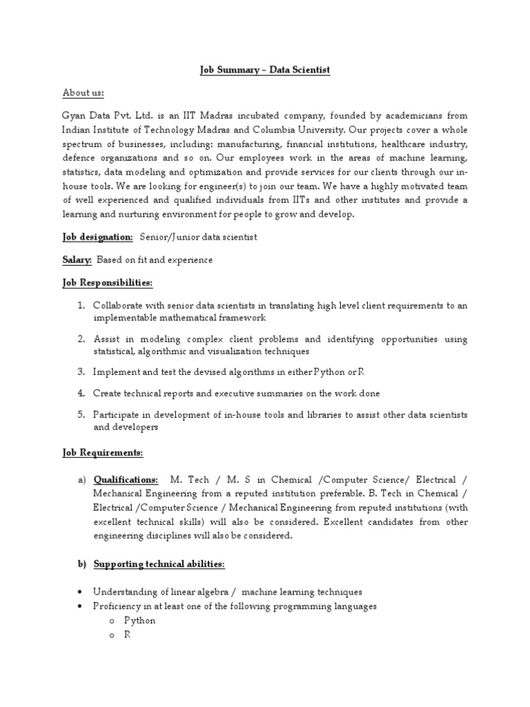 Data Scientist Job Description at Gyan Data | PDF | Data Science ...