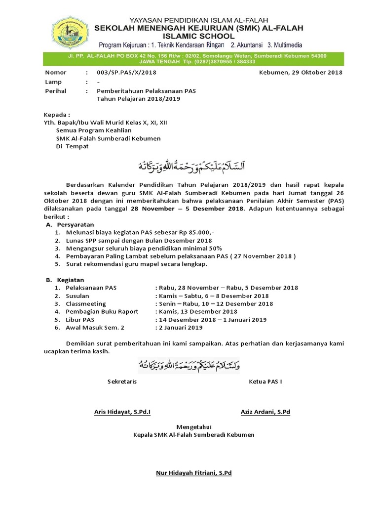 Surat Pemberitahuan Pas 1 2018