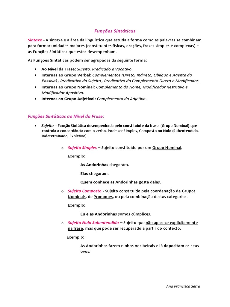 Funções Sintáticas - Resumos de Português | Assunto (Gramática ...