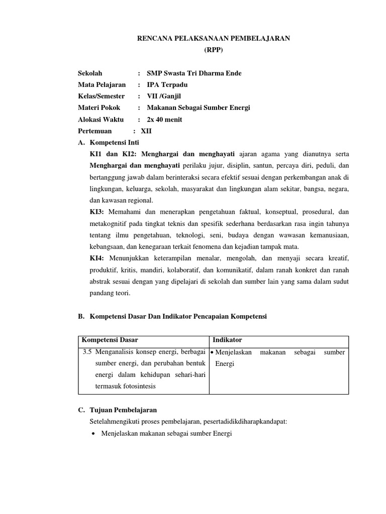 Rpp Makanan Sebagai Sumber Energi