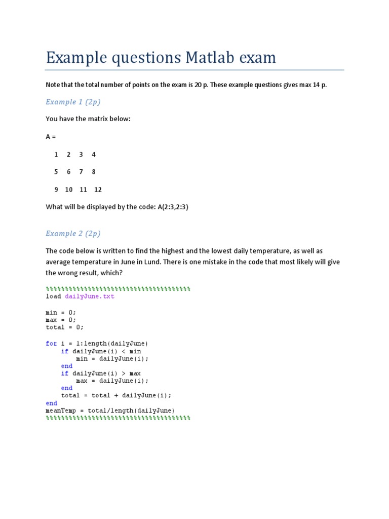 Example Questions Matlab Exam | PDF | Boolean Data Type | Theoretical ...