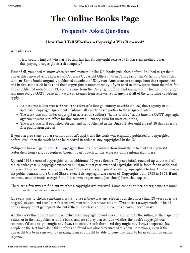 FAQ How To Find Out Whether A Copyright Was Renewed PDF Copyright