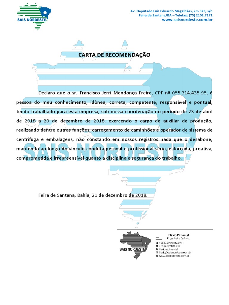 Carta De Apresentação Para Engenheiro Quimico