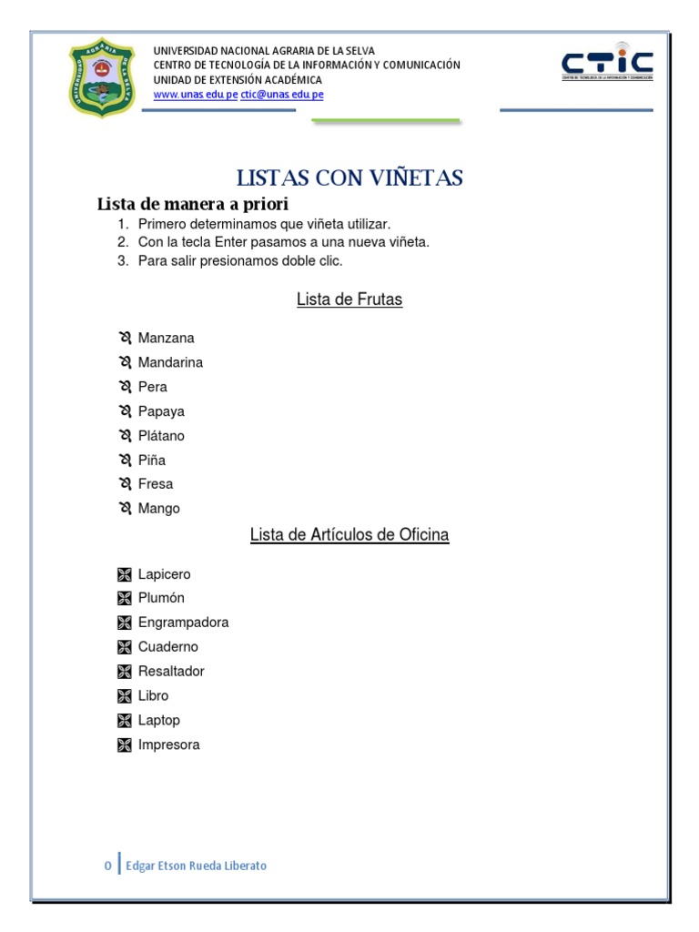 Listas Numeradas Y Listas Con Viñetas Pdf Limón