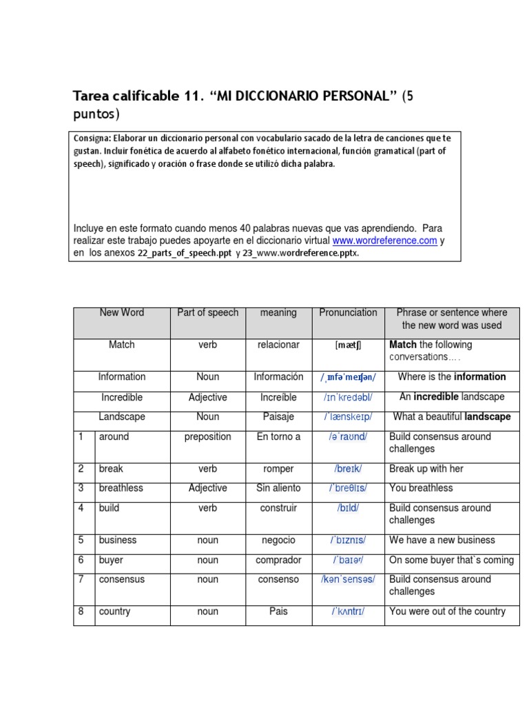 Personal Vocabulary Dictionary Task | PDF | Verb | Semantics