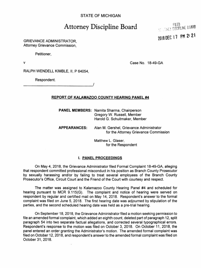 Report of Attorney Discipline Board Hearing For Ralph Kimble PDF Nolo Contendere Complaint