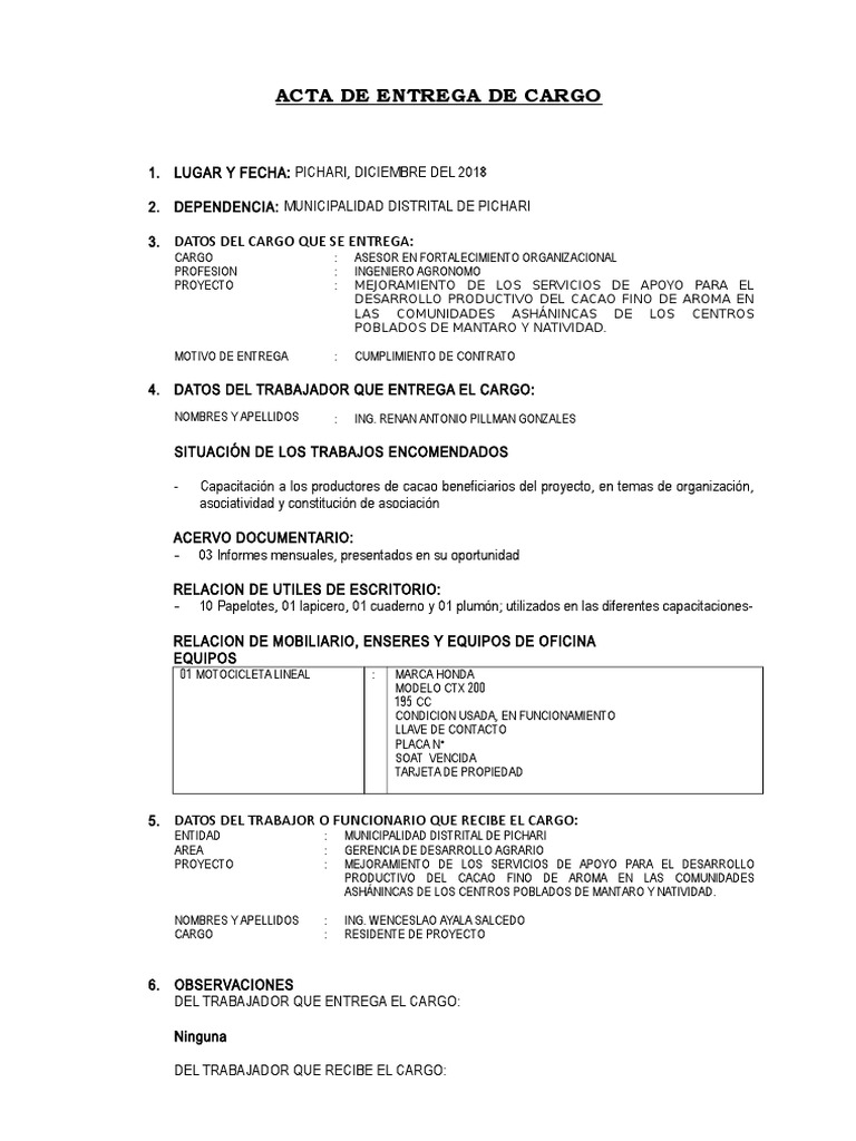 Acta de Entrega de Cargo Municipal | PDF | Negocios