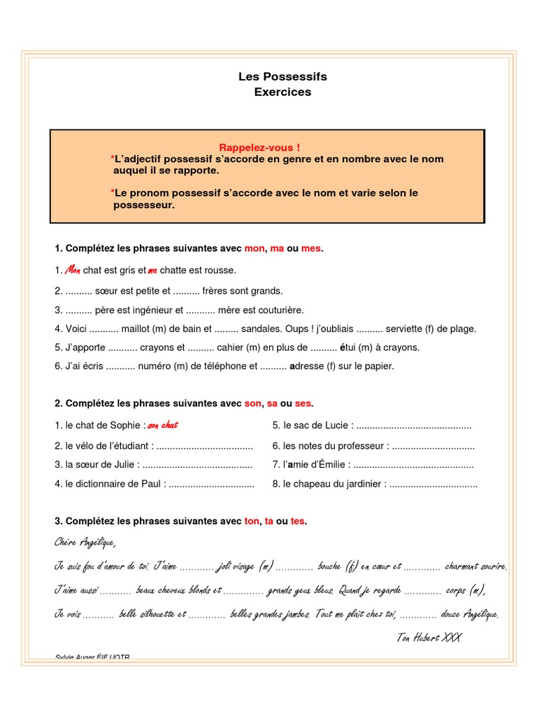 Les Déterminants Possessifs Exercices Pdf Les possessifs exercices et corrige.pdf | Style (Fiction) | Grammaire