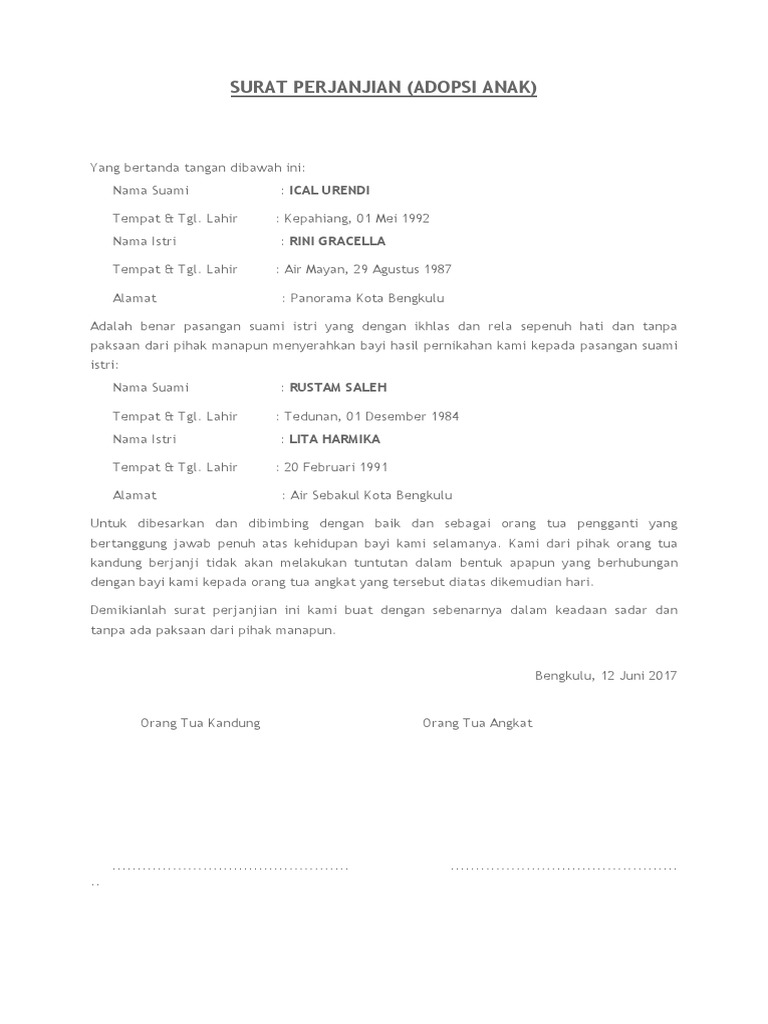 Perjanjian Adopsi Contoh Surat Adopsi Anak Nusagates
