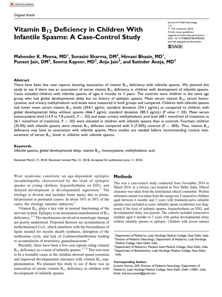 Vitamin B Deficiency in Children With Infantile Spasms A CaseControl