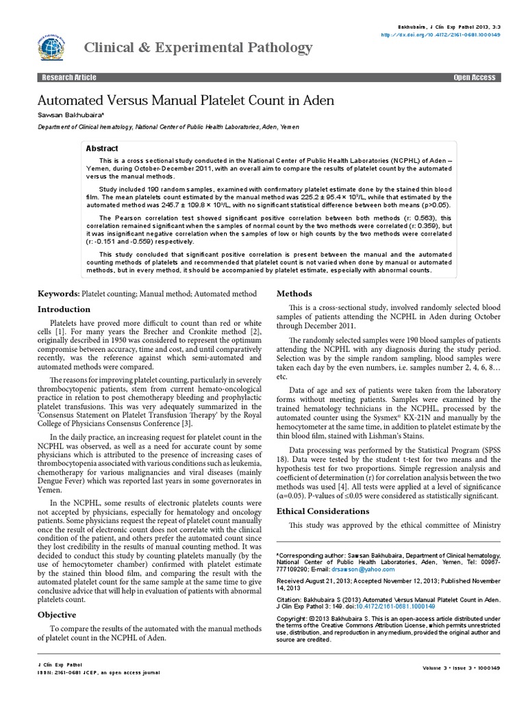 Automated Versus Manual Platelet Count in Aden 2161 06813149 PDF