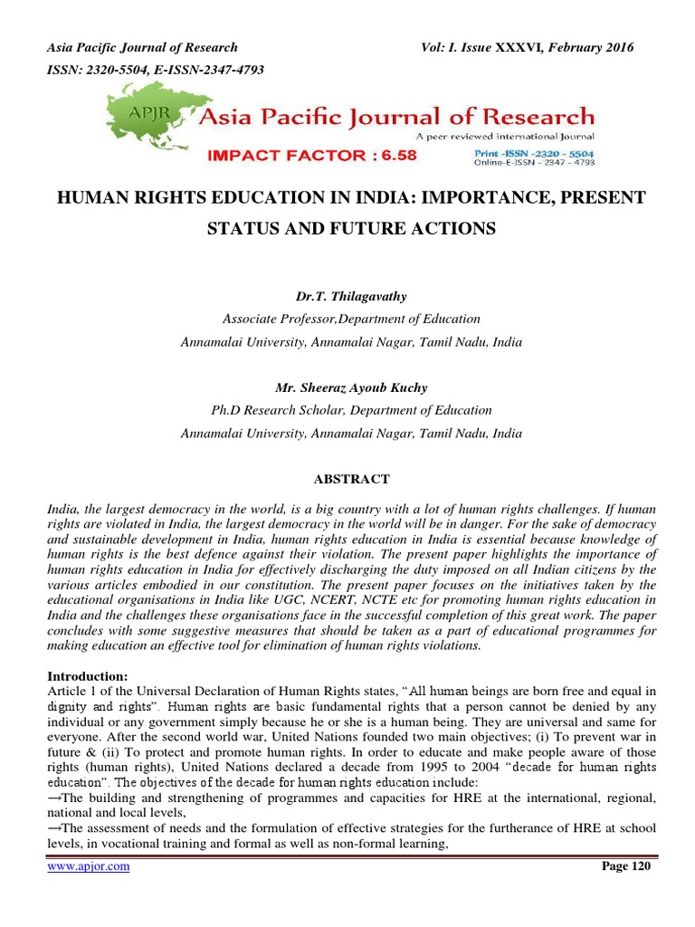 Human Rights Education in India Importance, Present Status and Future