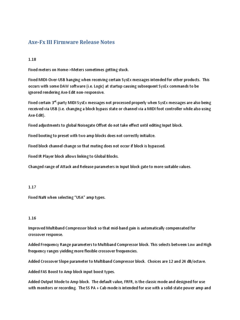 Axe-Fx III Firmware 1.18 Release Notes | PDF | Equalization (Audio ...