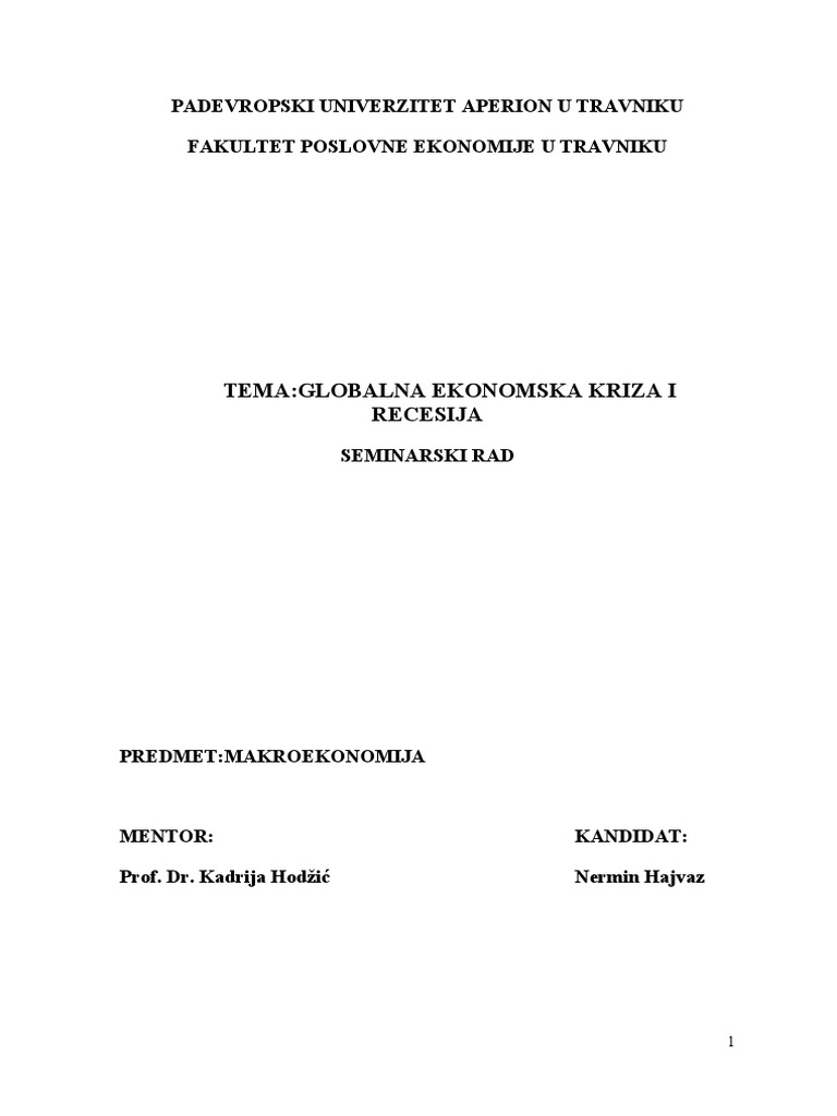 Globalna Ekonomska Kriza I Recesija | PDF