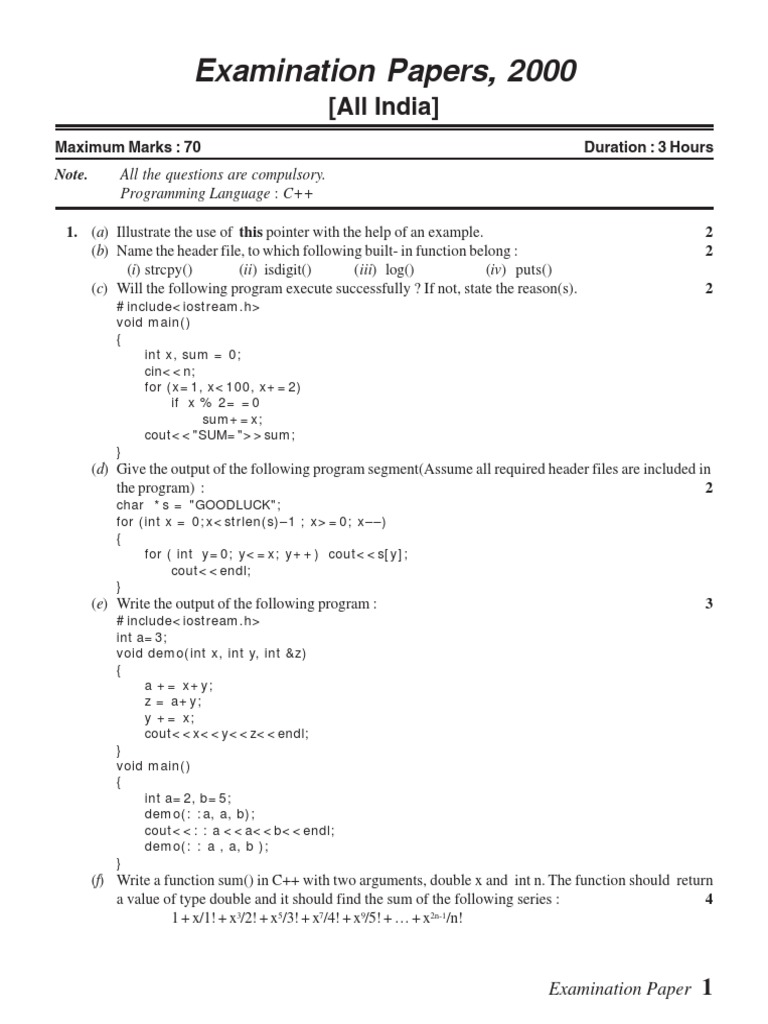 C++ Examination Paper from 2000 focusing on Object Oriented Programming ...