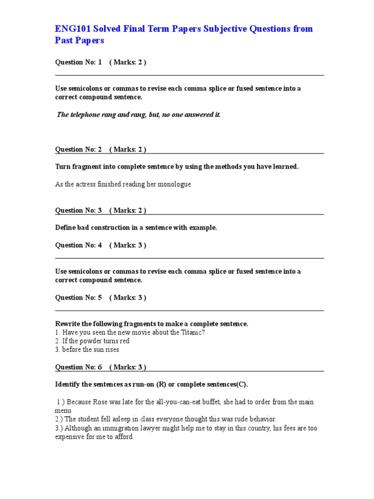 ENG101 Final Term Subjective Questions | PDF | Language Mechanics
