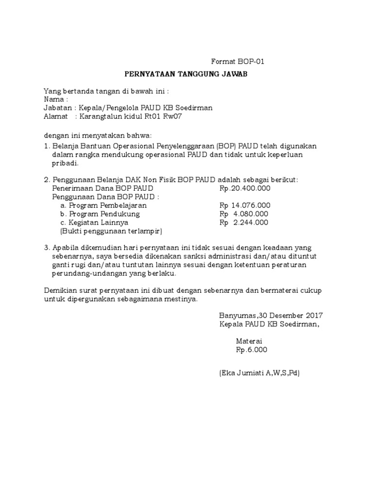 Format Laporan Bop Paud | PDF | Pengelolaan Keuangan & Uang