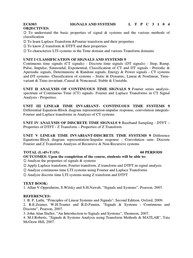 Signals and Systems Course Overview | PDF | Fourier Transform | Laplace ...
