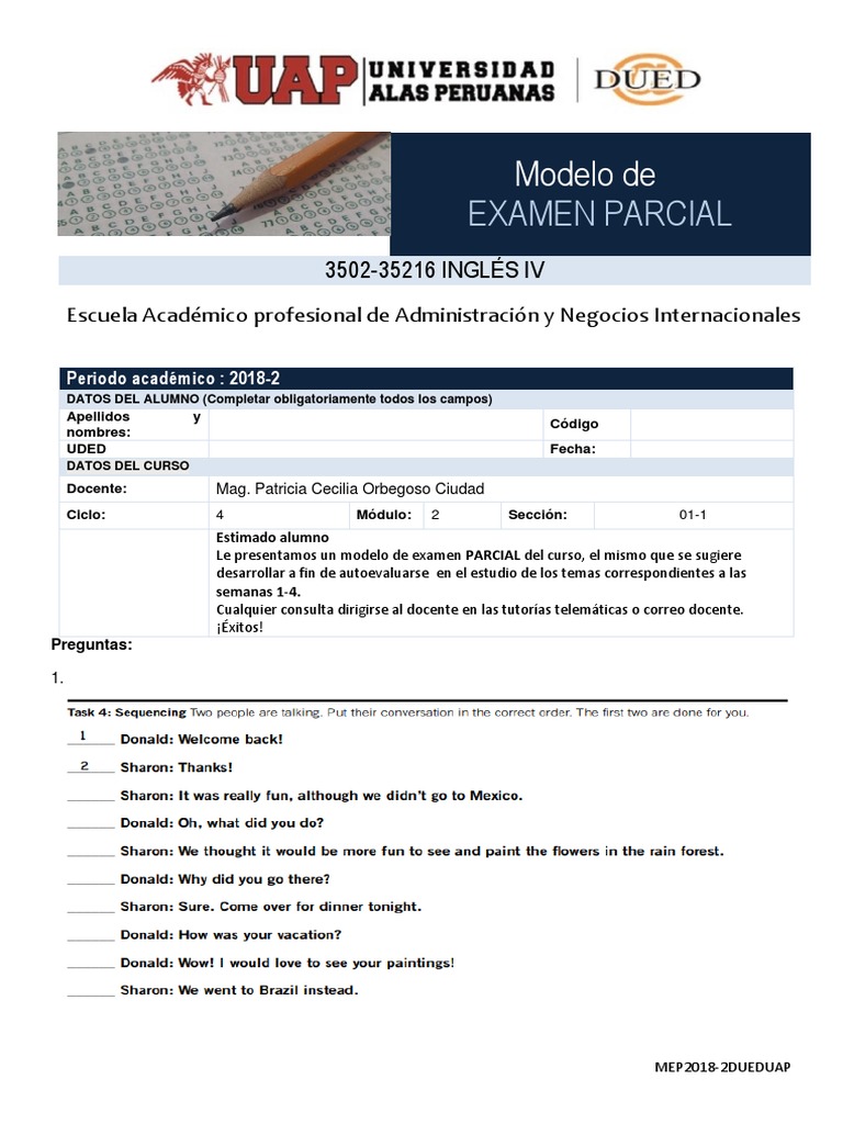 Modelo de Examen Parcial Inglés IV | PDF