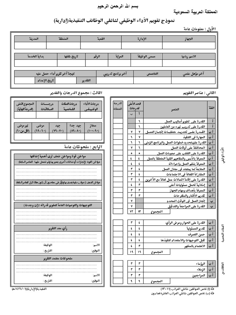 استمارة تقييم الأداء الوظيفي لشاغلي وظائف الإدارة التنفيذية