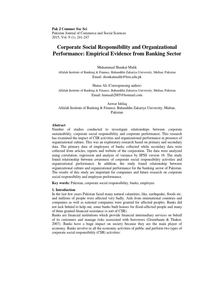 CSR Impact on Banking Performance in Pakistan | PDF | Corporate Social ...