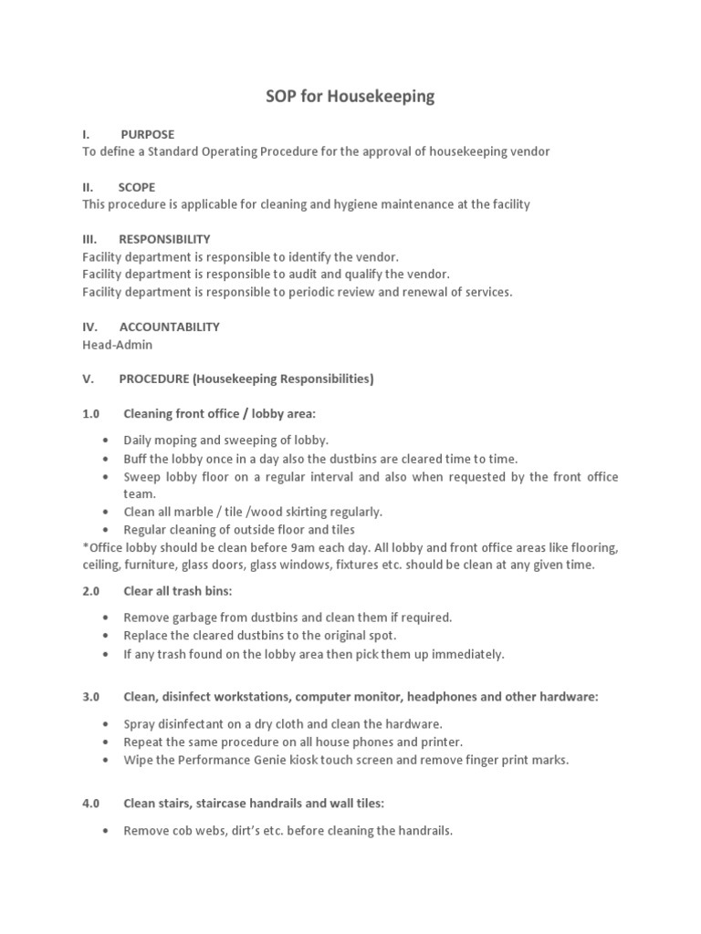 Housekeeping SOP Housekeeping Vacuum Cleaner