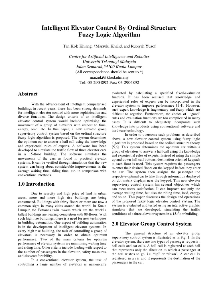 Intelligent Elevator Control System | PDF | Elevator | Fuzzy Logic