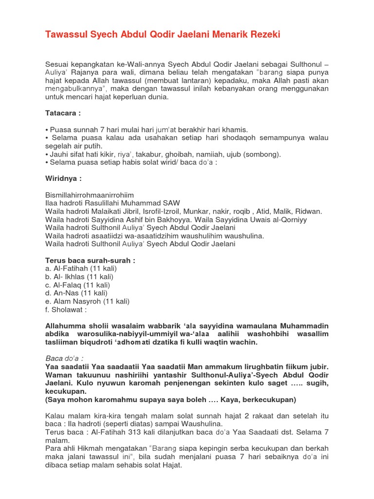 Tawassul Syech Abdul Qodir Jaelani Menarik Rezeki