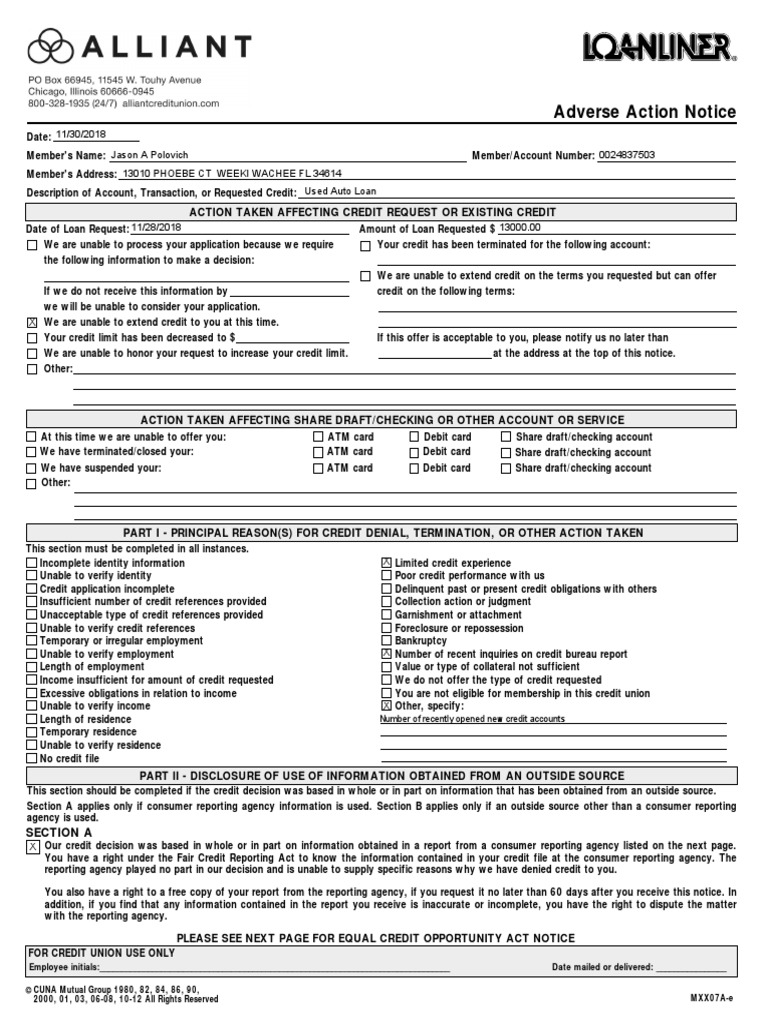 Adverse Action PDF Credit Score Debits And Credits