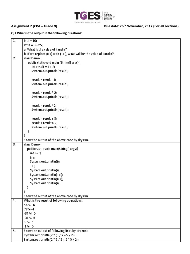 grade 9 assignment on whole numbers and integers