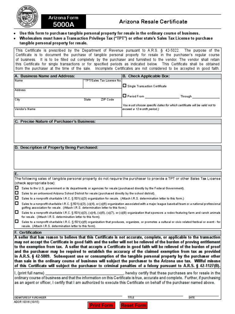 AZ Resale License Form 5000A PDF Use Tax 501(C) Organization