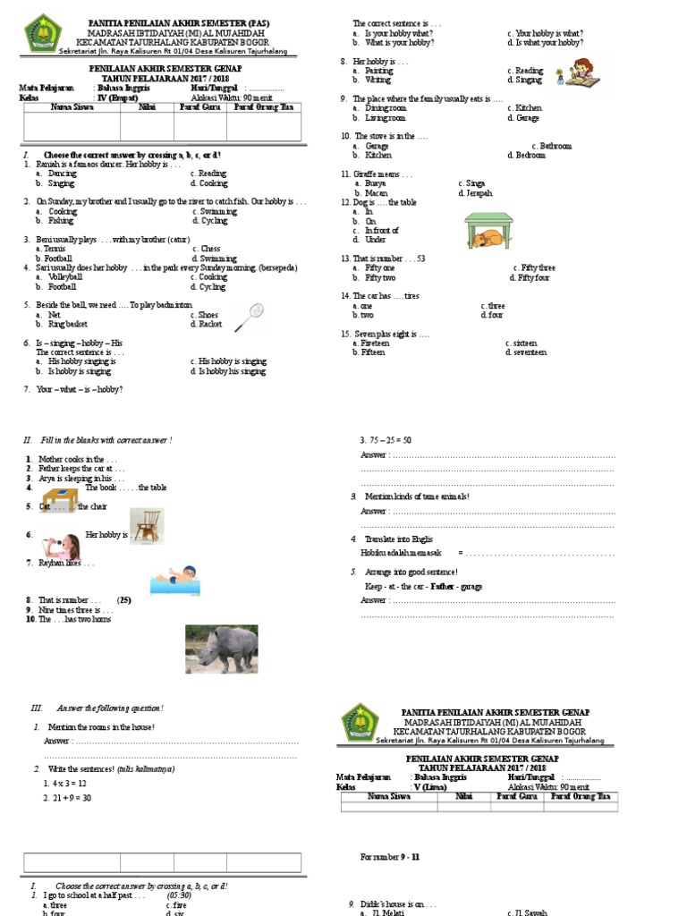soal PAS kelas 4 dan 5 bahasa inggris Transport Nature