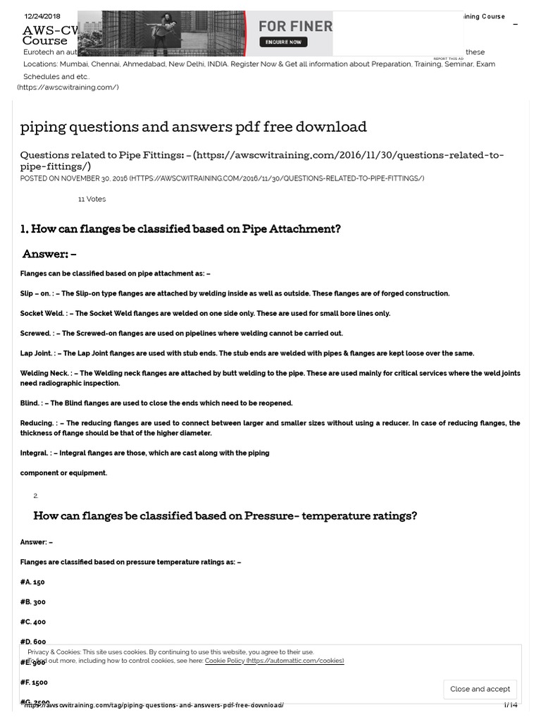 Piping Questions and Answers PDF Pipe (Fluid Conveyance) Boiler