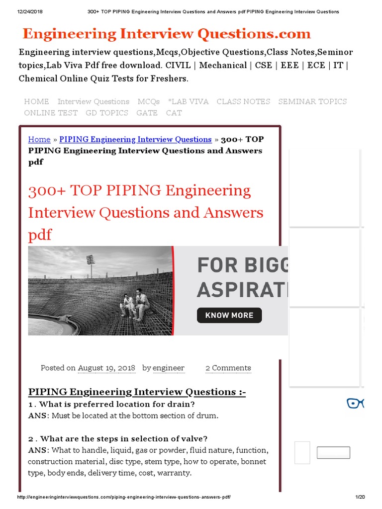 300+ TOP PIPING Engineering Interview Questions and Answers PDF