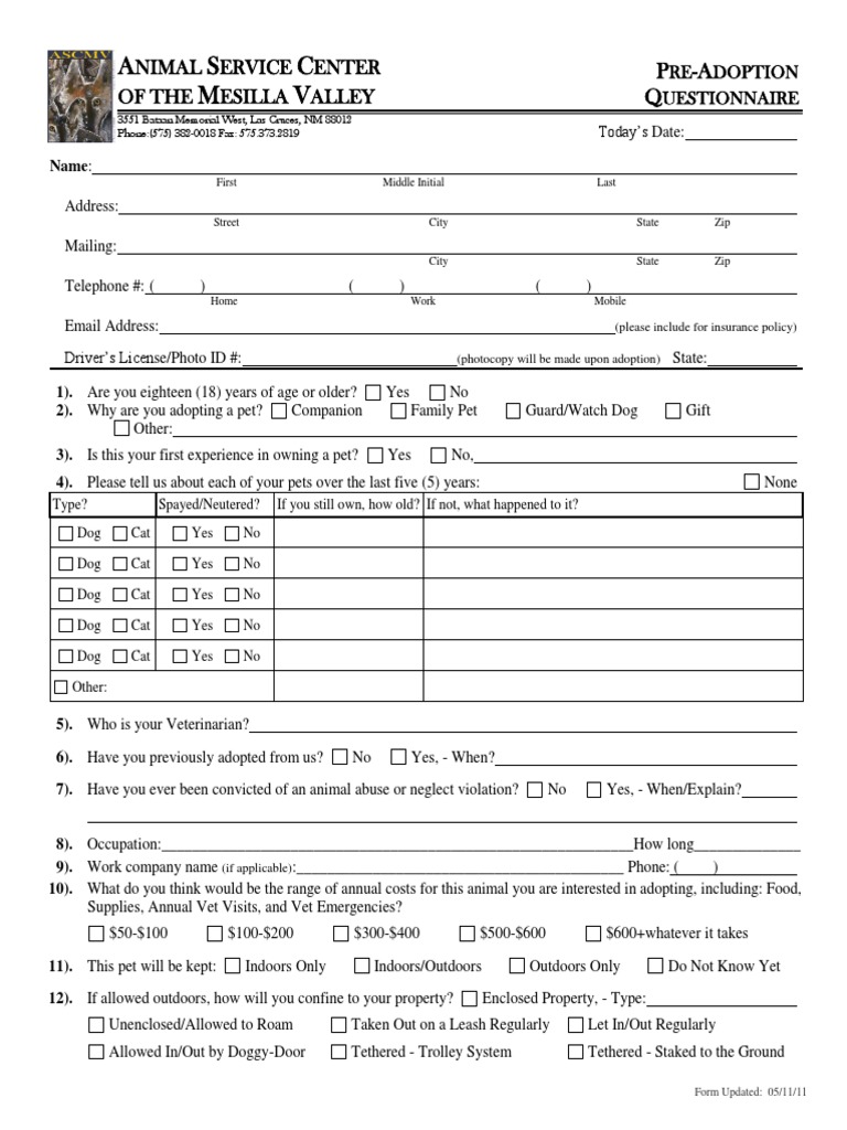 Pre Adoption Questionnaire 07714 PDF Pet Dogs