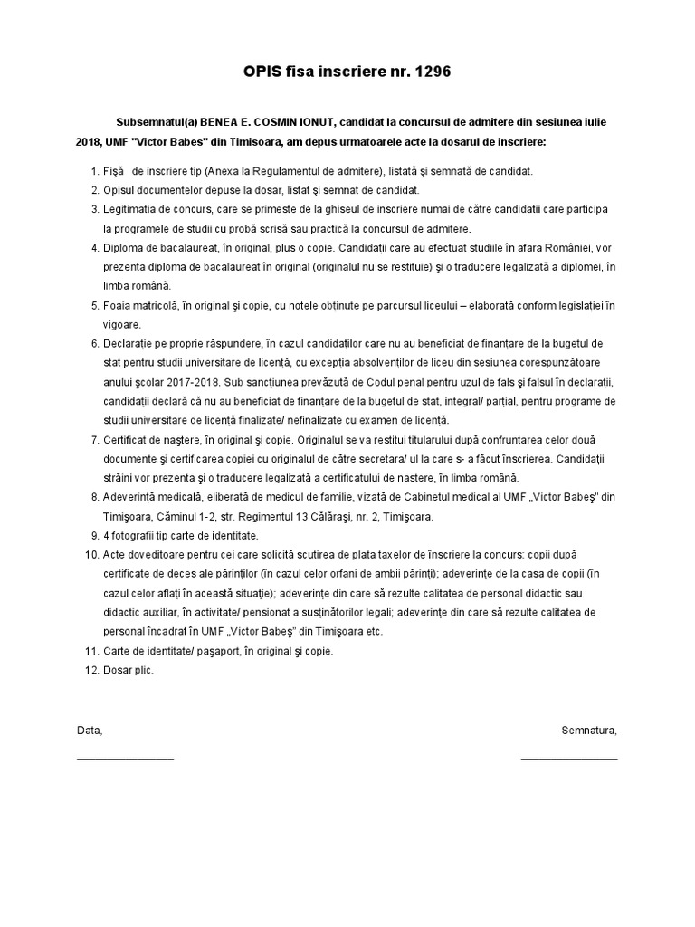 Opis Documente Dosar 2018 1296 | PDF