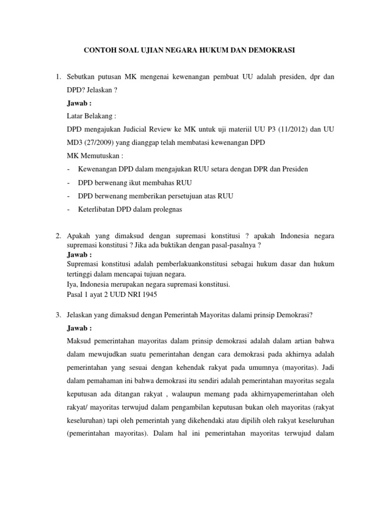 Contoh Soal Ujian Negara Hukum Dan Demokrasi