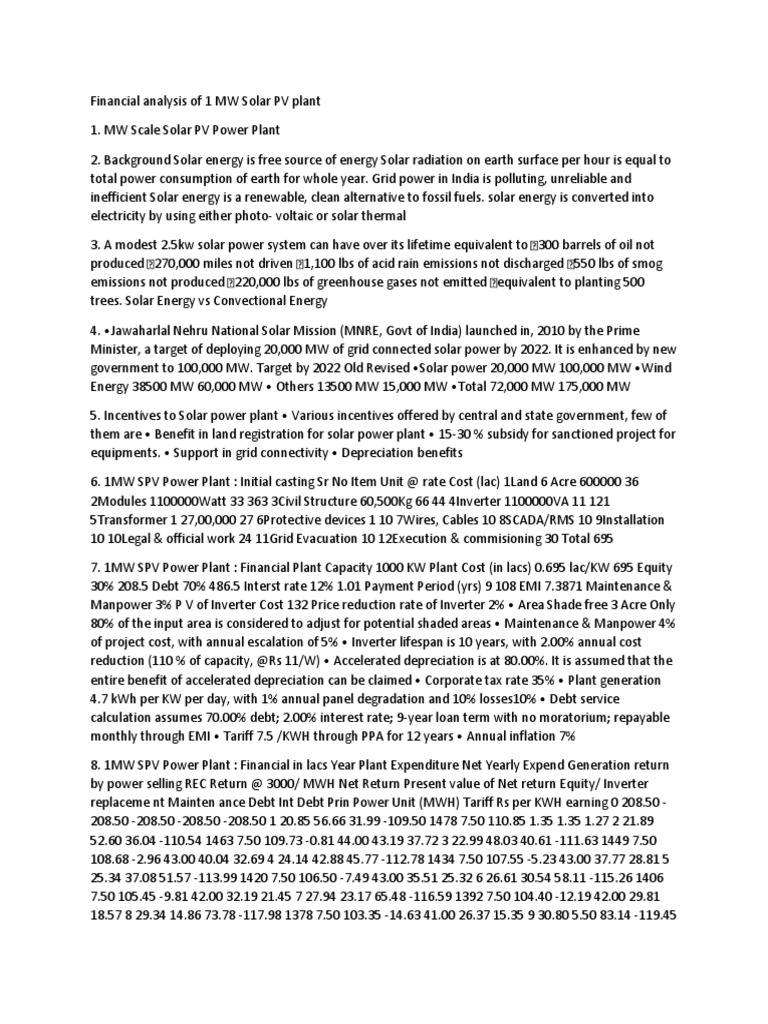 Financial Analysis of 1 MW Solar Plant | PDF | Solar Power | Solar Energy