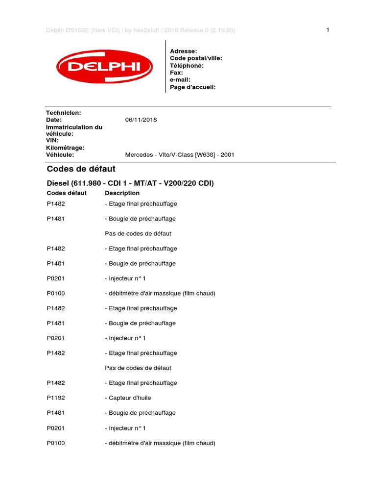 Codes défauts Mercedes Vito P1482 | PDF