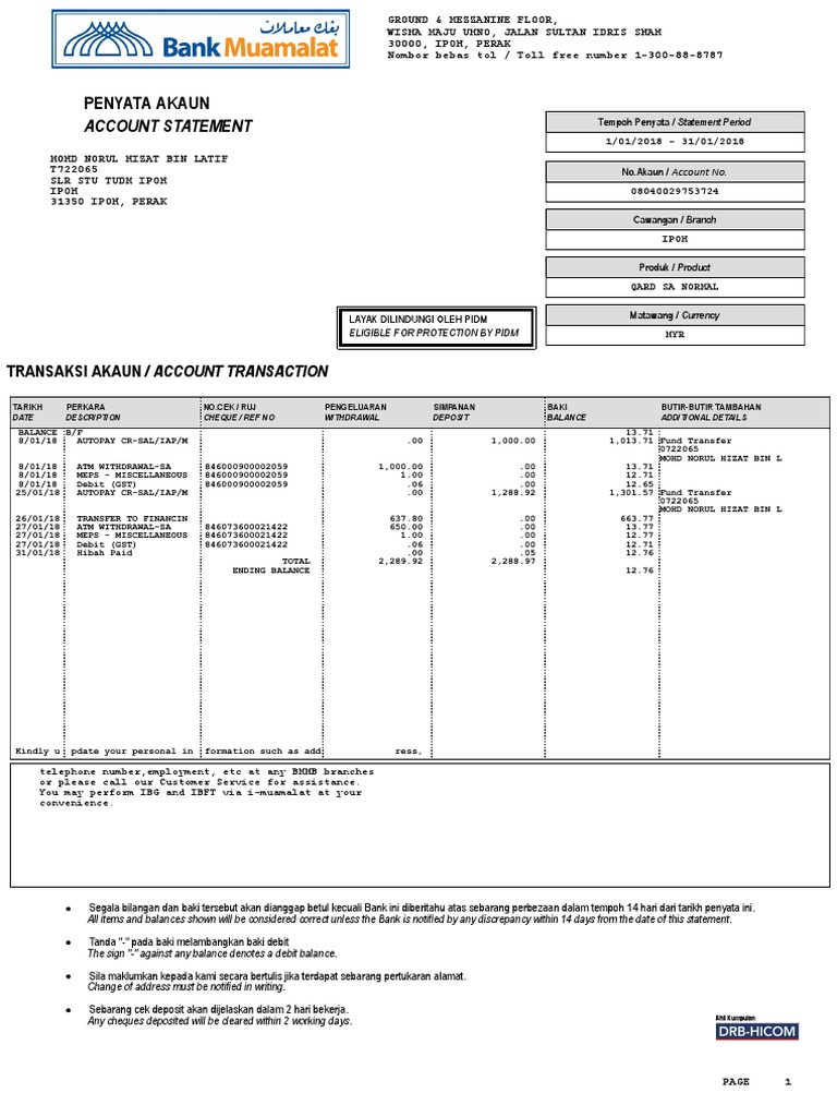 Bank Statement for January 2018 | PDF | Banking Technology | Debit Card