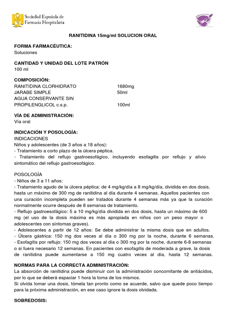 Dosis de Ranitidina en Niños y Posología | PDF | Medicamentos con ...