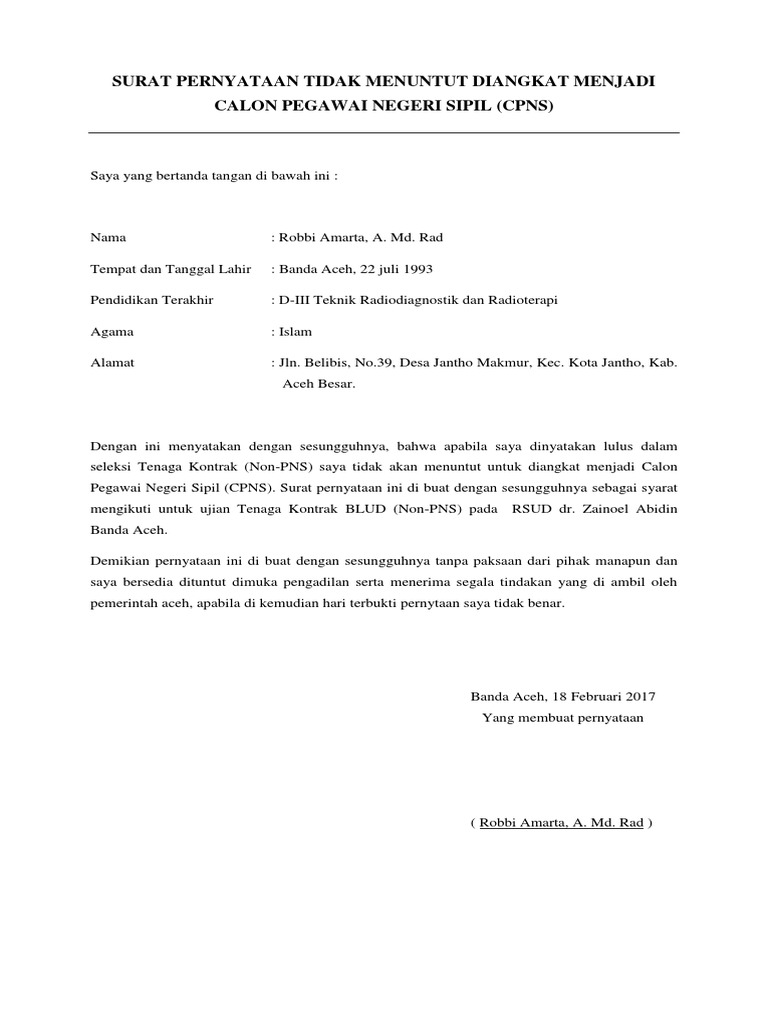 Surat Pernyataan Tidak Menuntut Diangkat Menjadi Pns