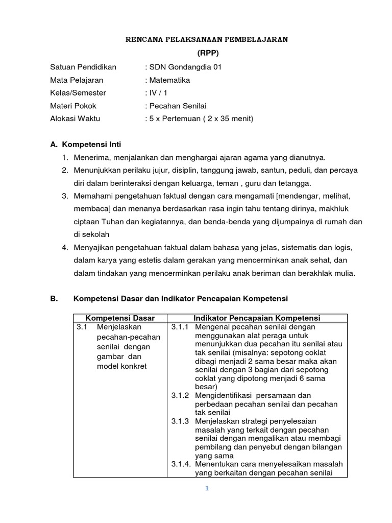 Rpp Matematika Kelas 4 Sem1