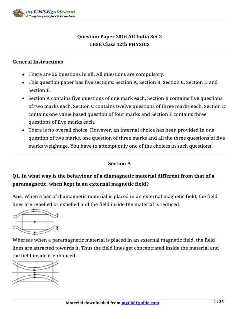 CBSE Class 12 Physics Question Paper 2016 | PDF | P–N Junction | Inductance